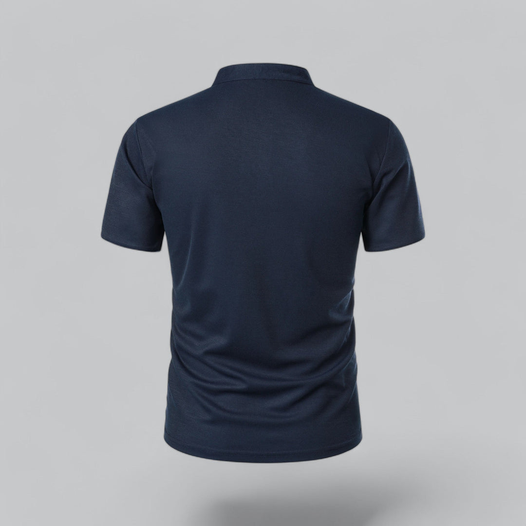 Navy short sleeve polo shirt back view solid