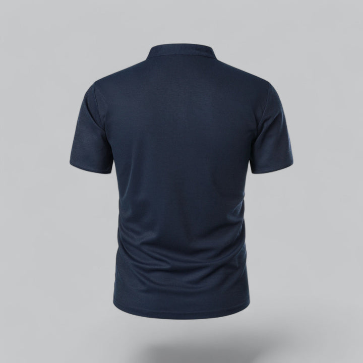 Navy short sleeve polo shirt back view solid