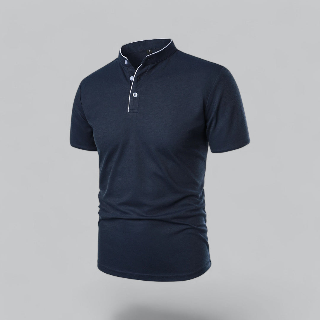 Navy collarless polo with white trim button detail