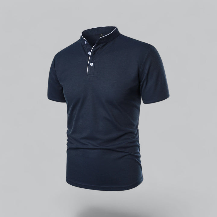 Navy collarless polo with white trim button detail