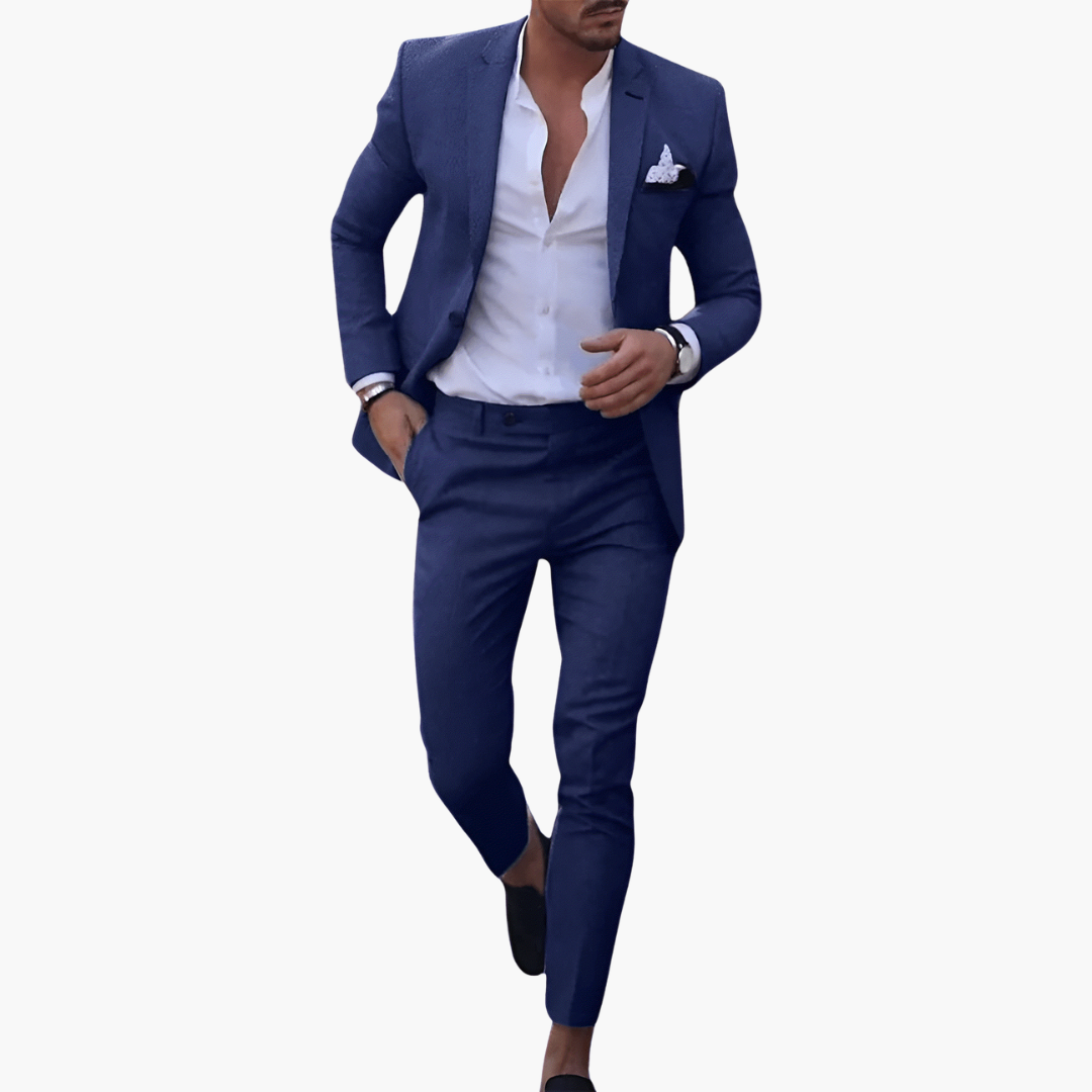 Navy single-breasted suit with notched lapels and white dress shirt