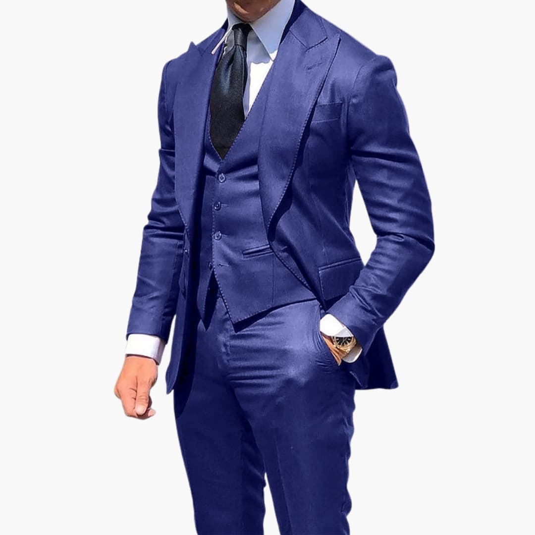 Navy blue three-piece formal suit with matching blazer and vest front