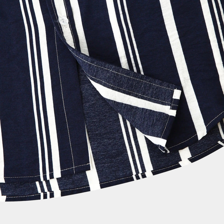Close-up of navy and white stripe pattern and fabric texture