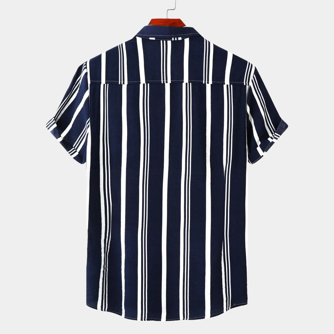 Back view of navy striped short sleeve shirt with white stripes
