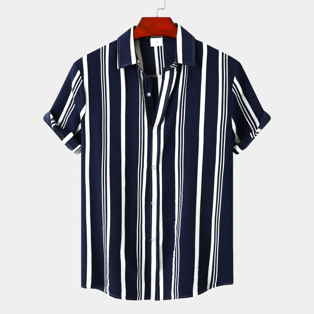 Navy and white vertical striped short sleeve button-up shirt front view