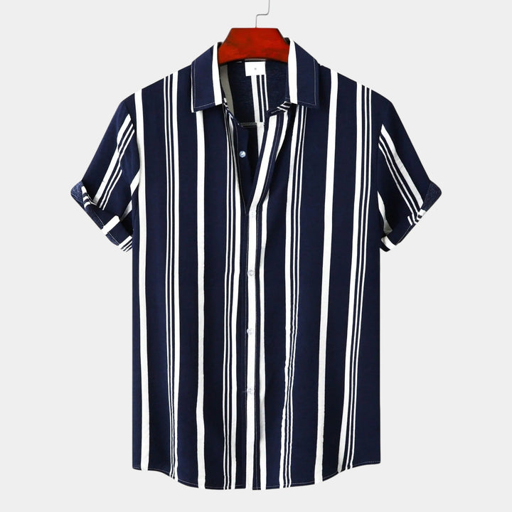 Navy and white vertical striped short sleeve button-up shirt front view
