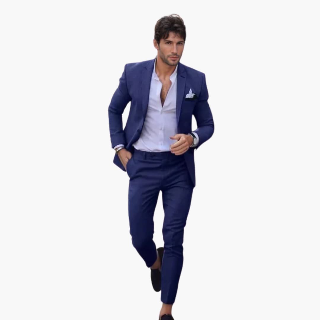 Navy wool blend formal suit with notched lapel jacket and cropped pants
