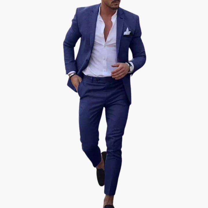 Navy wool blend two-piece suit with single-button blazer and tapered trousers