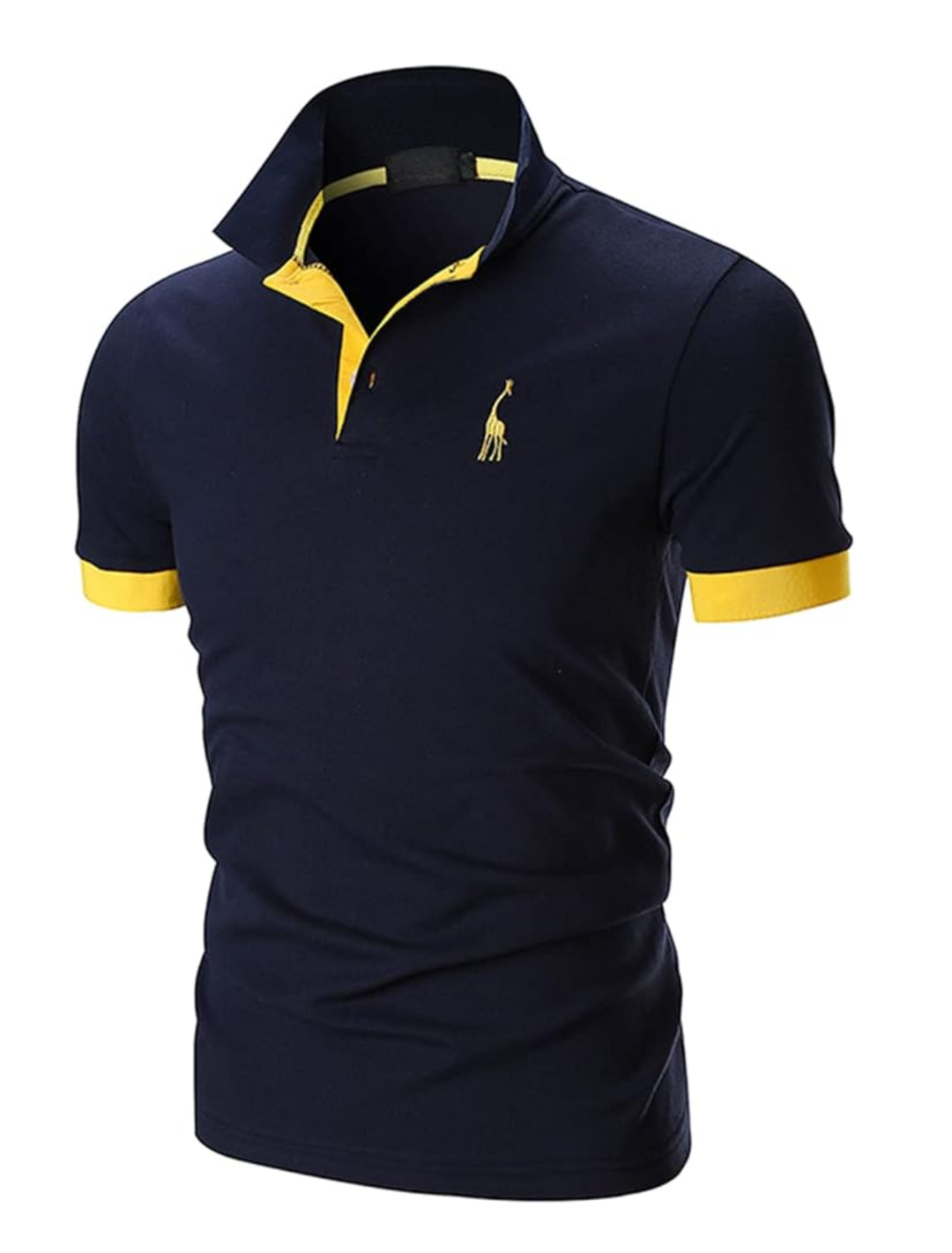Navy and yellow short-sleeved polo shirt with contrasting trim and embroidered detail