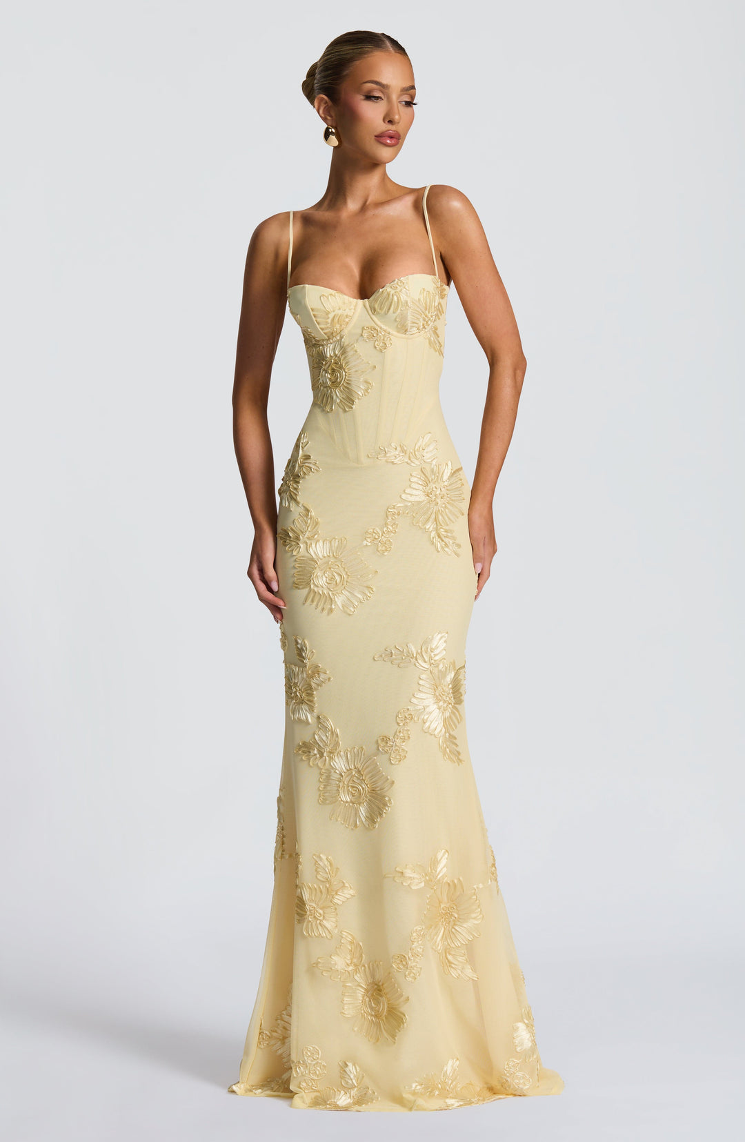 Women yellow floral embroidered maxi dress with spaghetti straps and sweetheart neckline