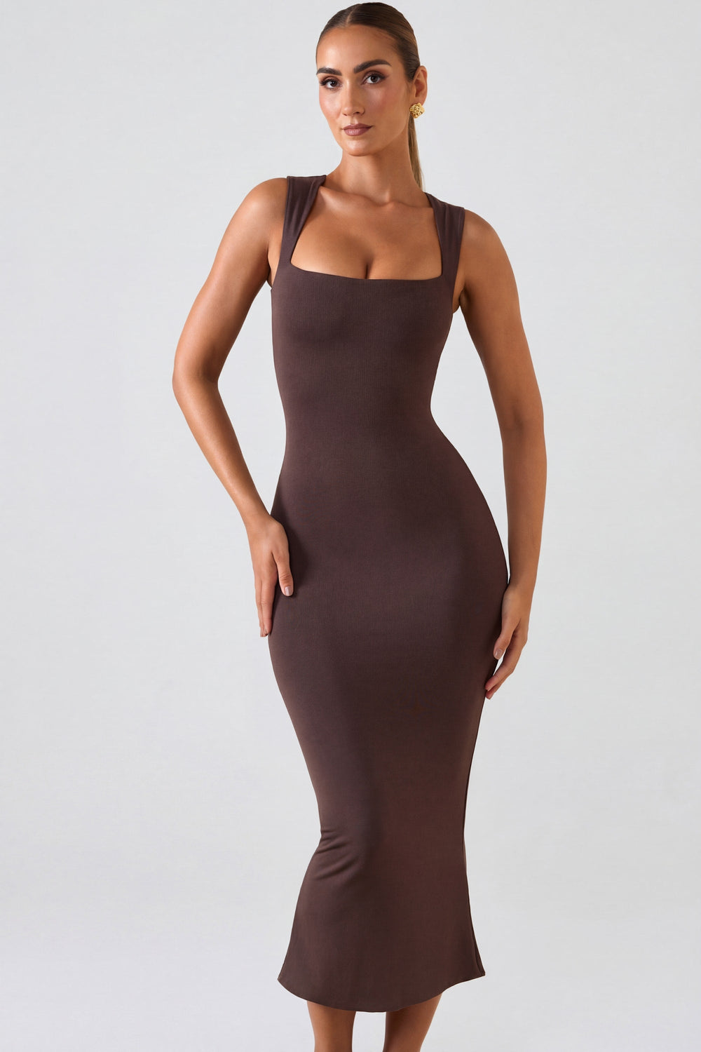 Women's brown ruched bodycon midi dress with square neckline and thick straps, front view