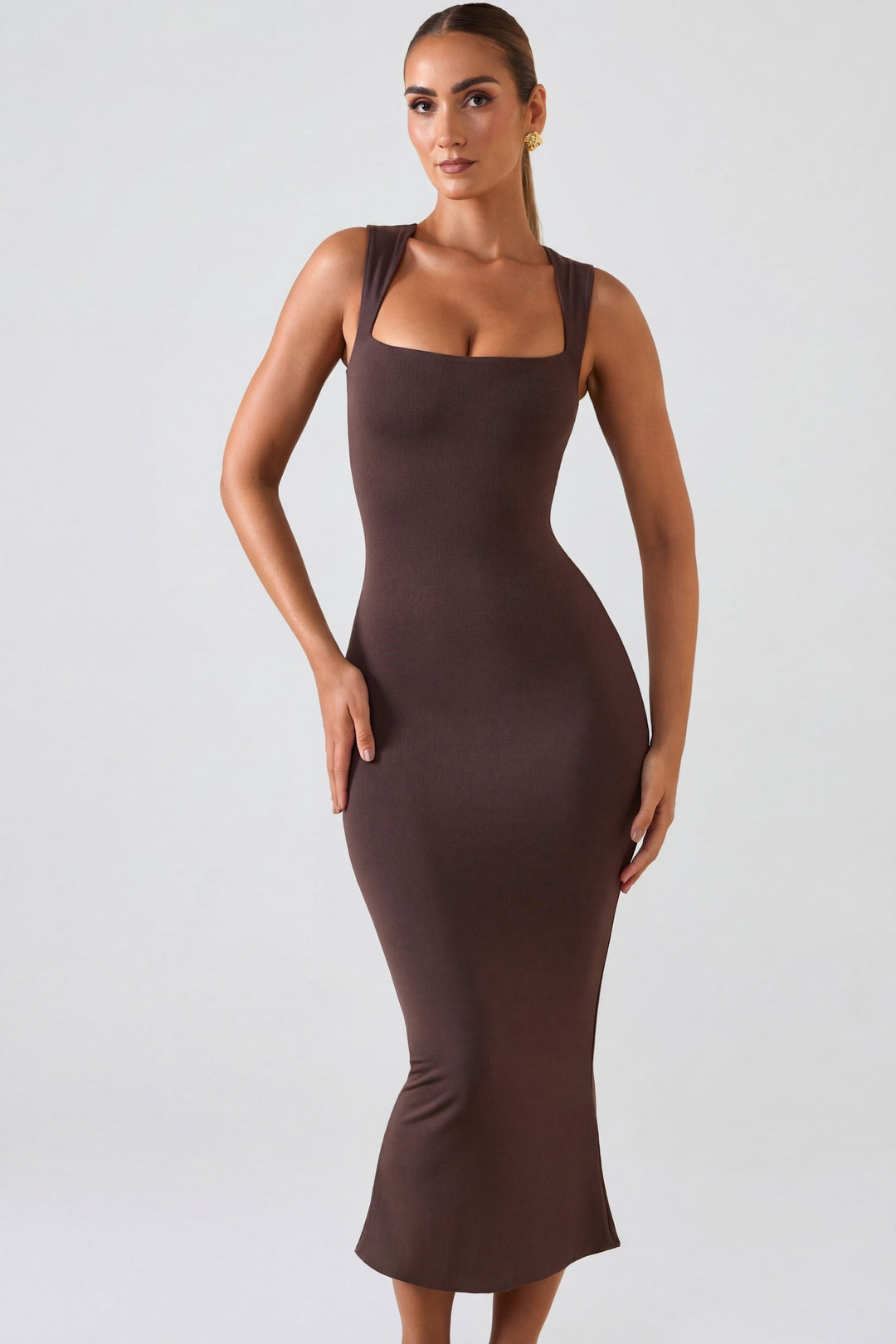 Women's brown ruched bodycon midi dress with square neckline and thick straps, front view