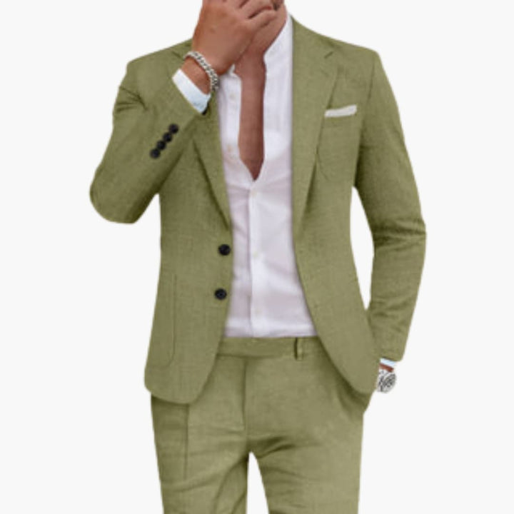 Olive green cotton summer suit with single-breasted blazer and tailored pants front view