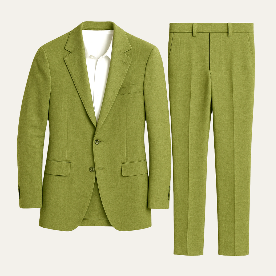 Olive green linen blend blazer and trousers displayed flat with notch lapels