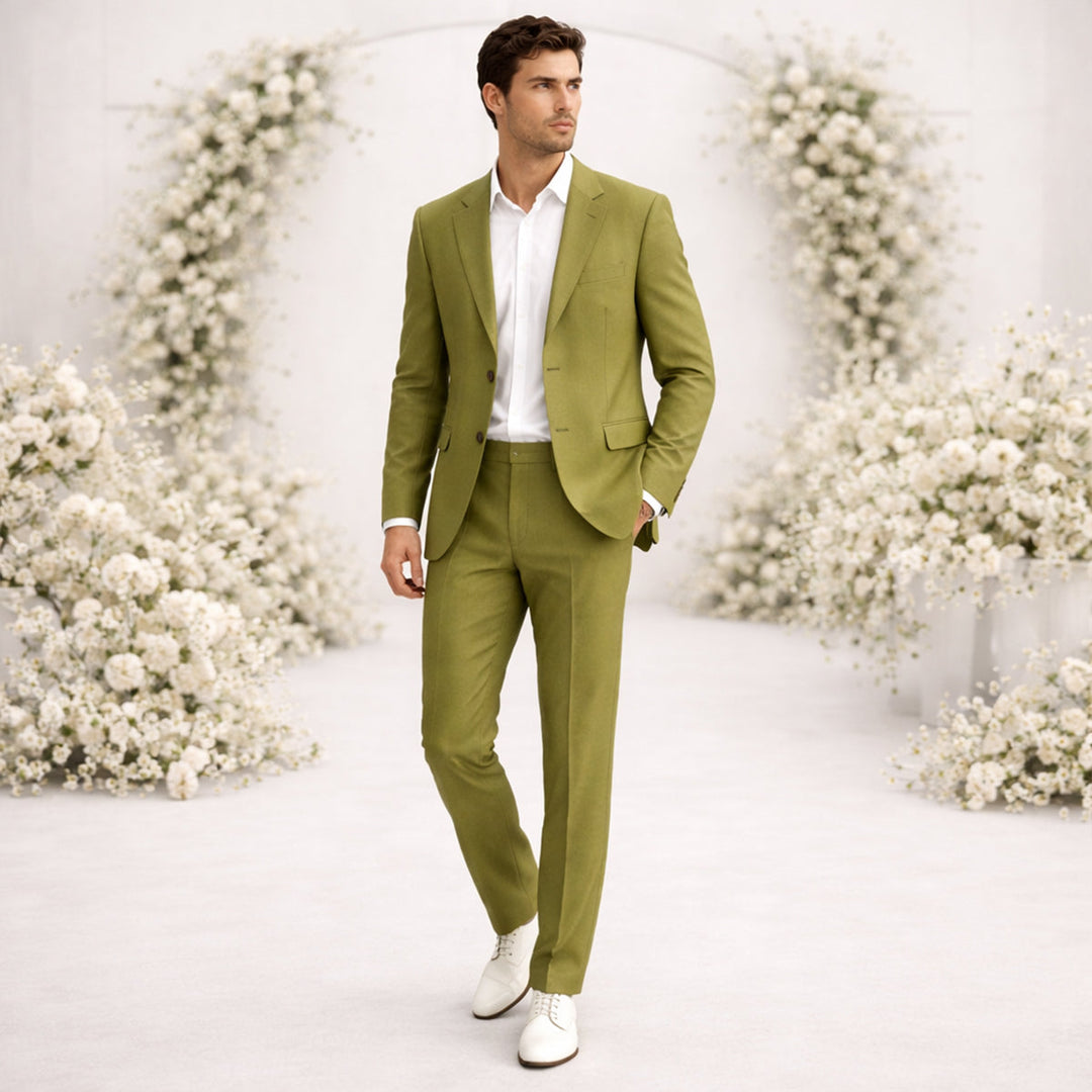 Olive green linen suit man with white shirt in formal wedding attire