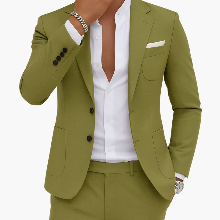 Olive green two-piece suit with notched lapel blazer, button front, and matching pants