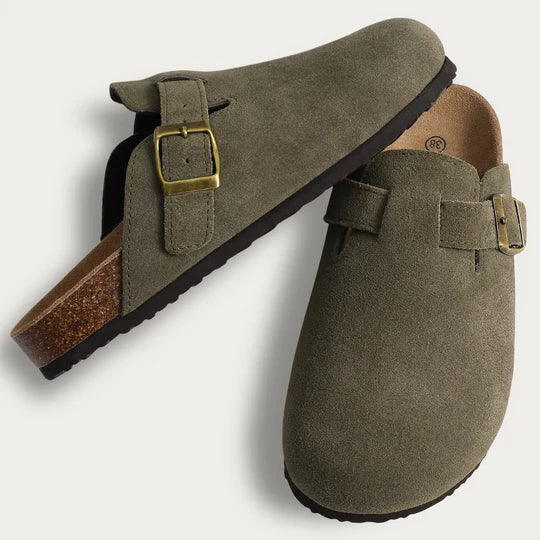 Top view of olive green suede-like cork buckle slide slippers, showing size tag
