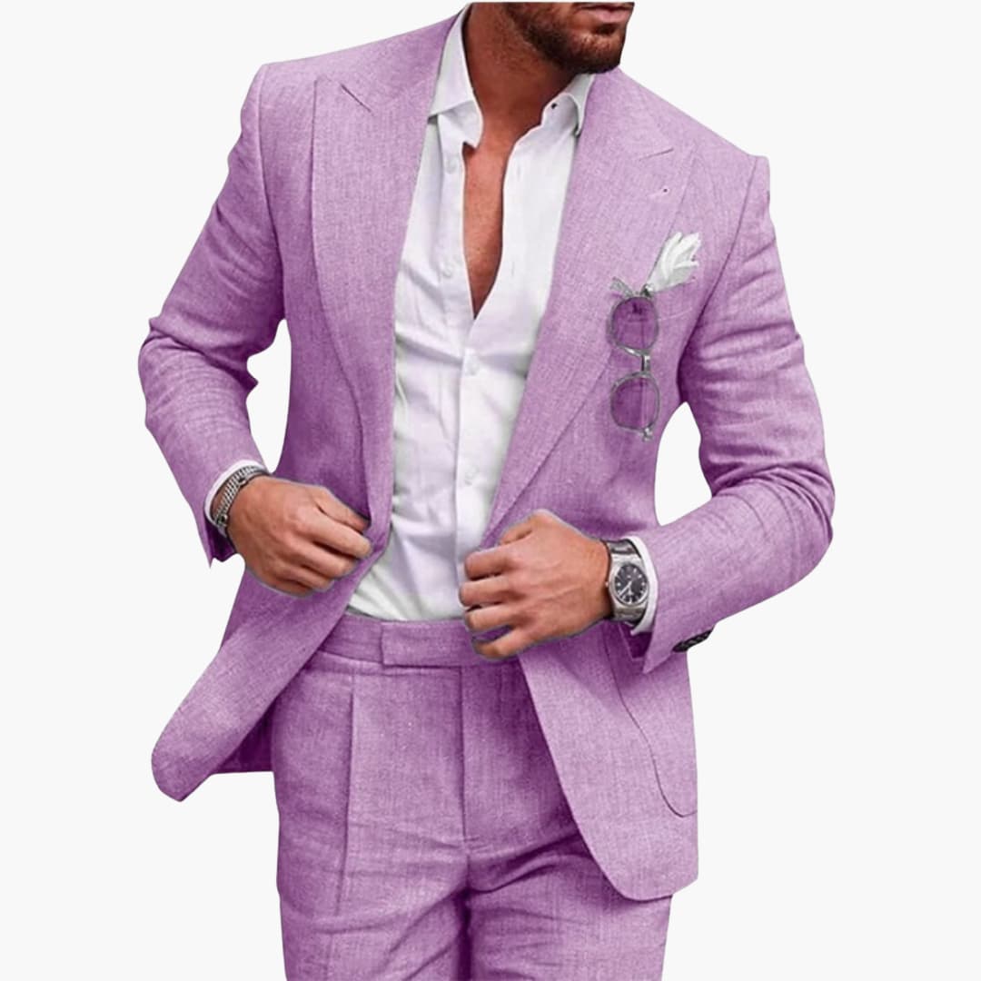 Pale yellow linen tailored two-piece suit with structured blazer