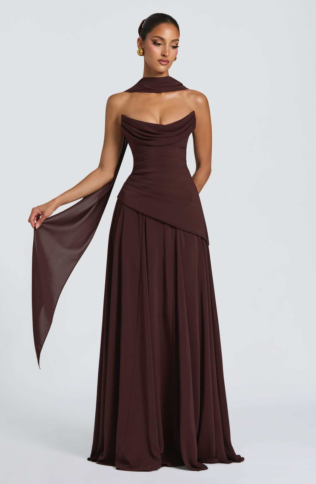 Women brown strapless cowl neck maxi dress with draped bodice and long flowing skirt, front view