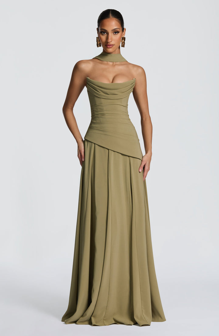 Women olive green strapless cowl neck maxi dress with draped bodice and long skirt, front view