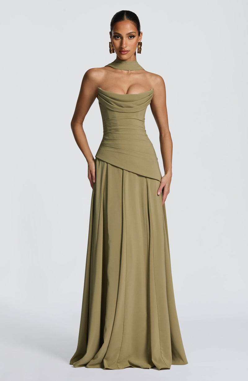 Women olive green strapless cowl neck maxi dress with draped bodice and long skirt, front view