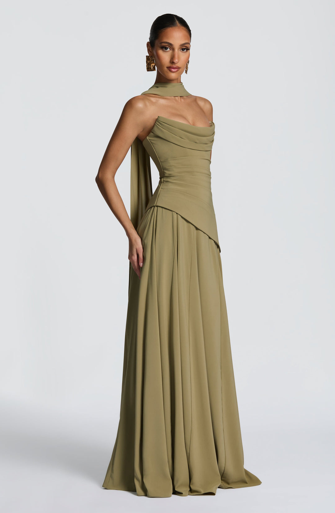 Women olive green strapless cowl neck maxi dress with draped detail over shoulder, side view