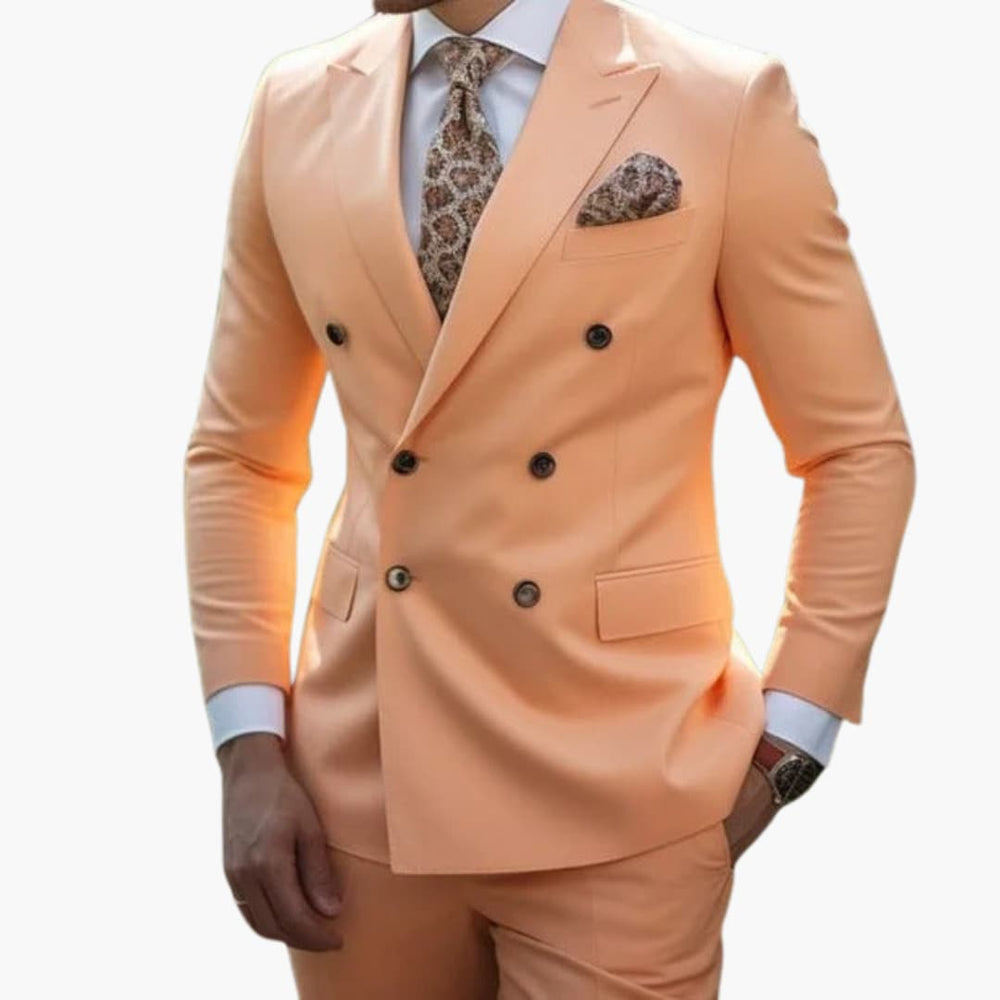 Peach double-breasted formal suit with peak lapel front view