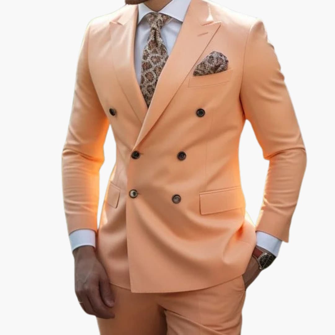 Peach double-breasted formal suit with peak lapel front view