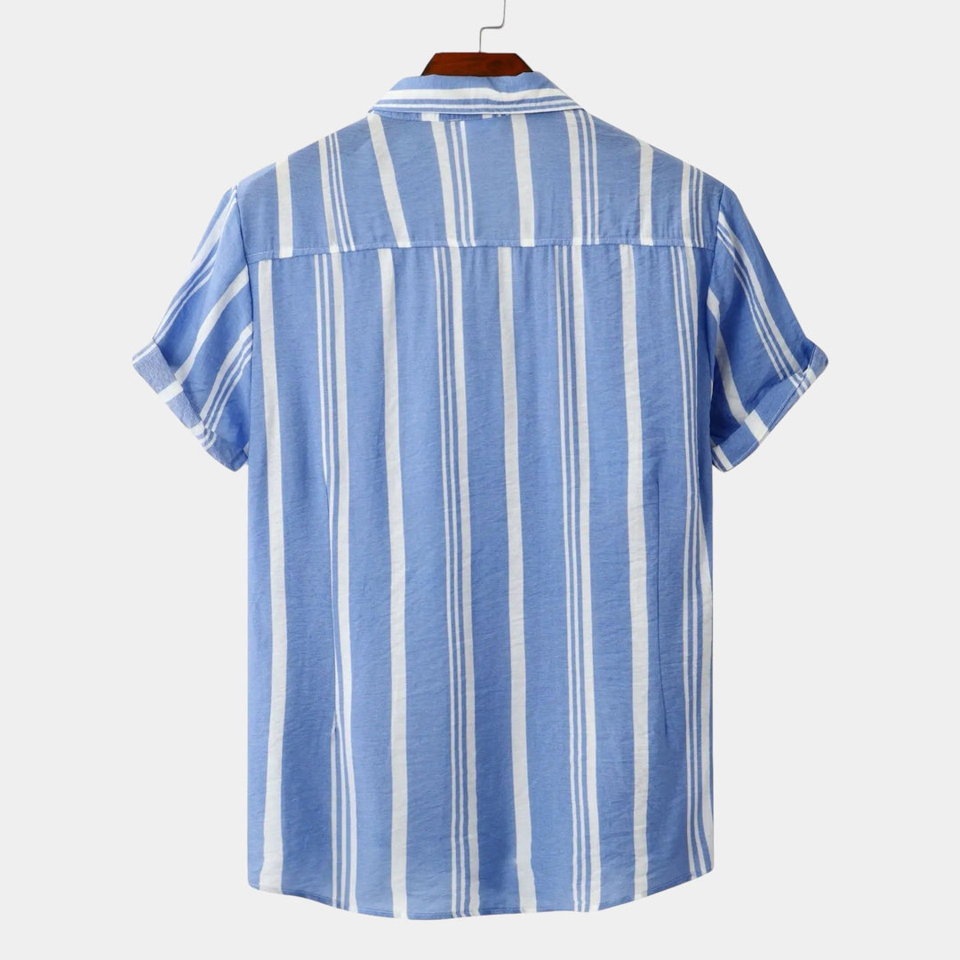 Periwinkle and white vertical striped short sleeve button-up shirt