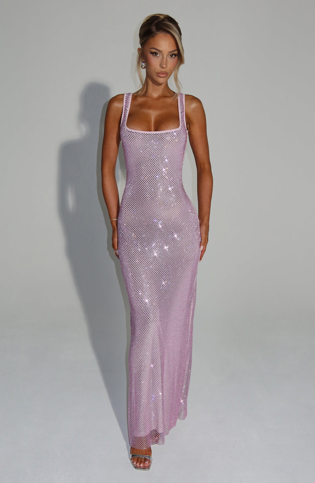 Women pink sequin maxi party dress with square neckline and wide shoulder straps, front view.