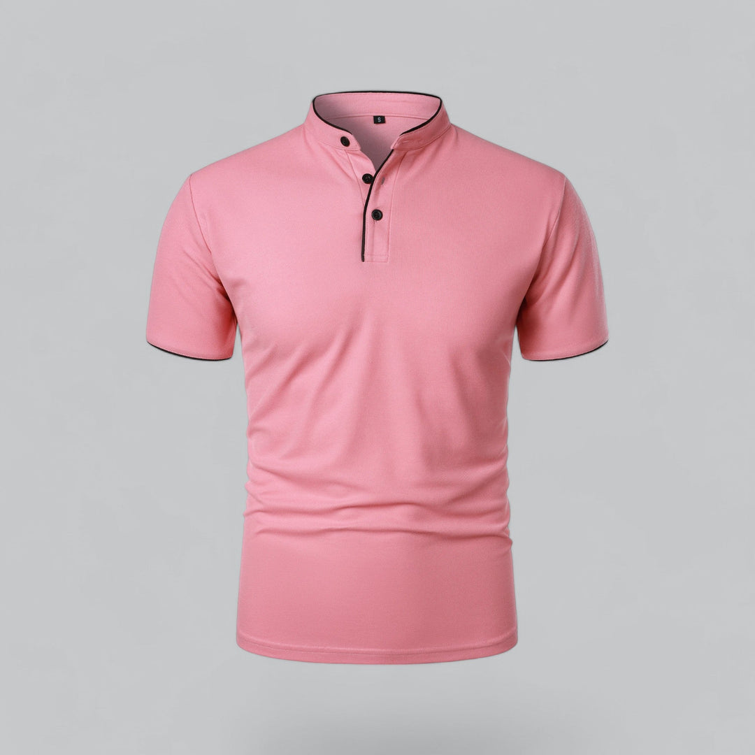 Pink short sleeve collarless polo with button detail