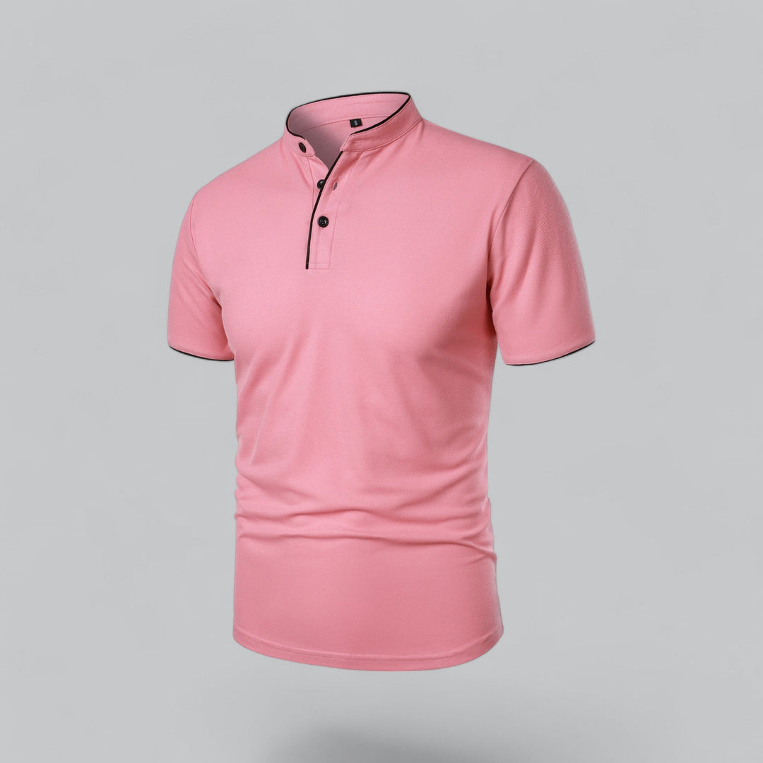 Pink short sleeve collarless polo shirt with button placket front