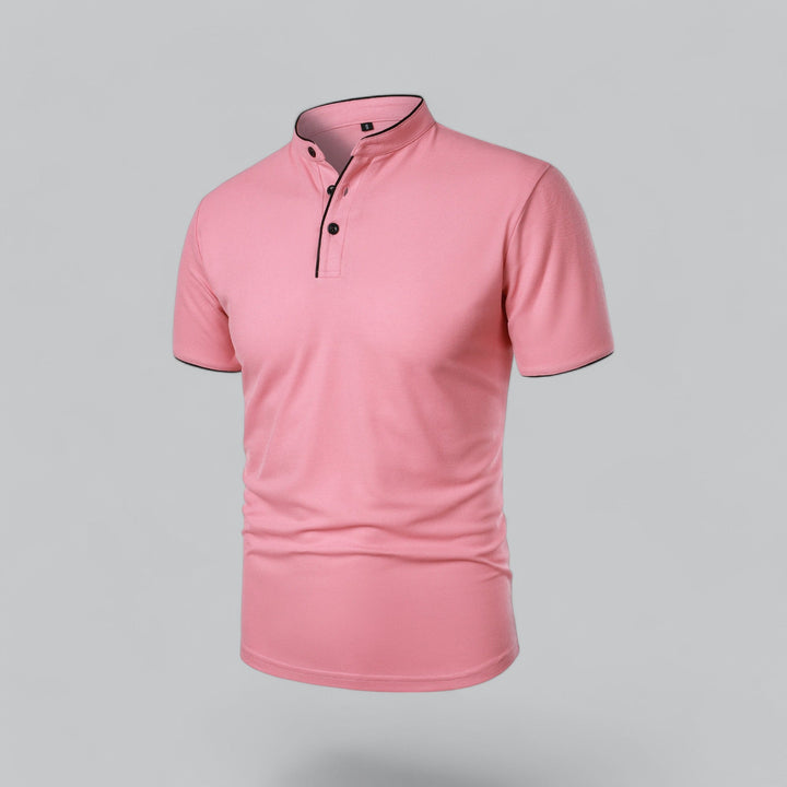 Pink short sleeve collarless polo shirt with button placket front