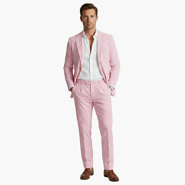 Pink pinstripe summer suit full-length front view with white shirt
