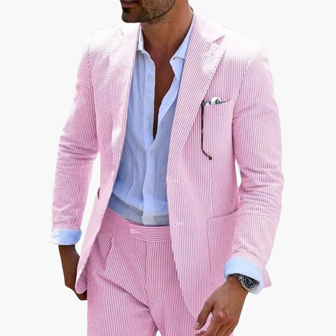 Pink pinstripe two-piece suit with textured blazer and matching trousers