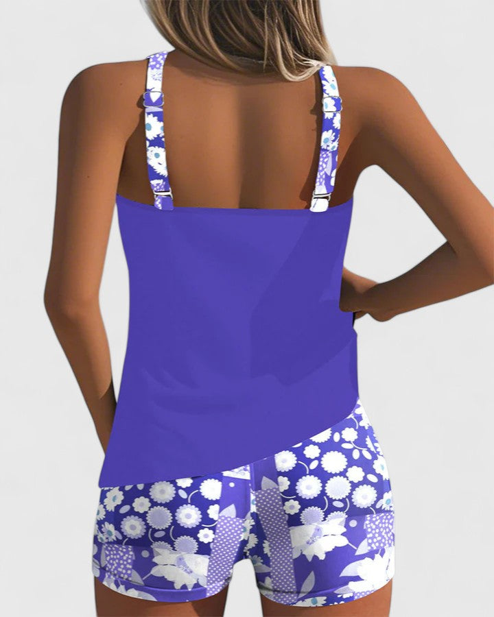 Purple tankini with white floral print shorts back view detail