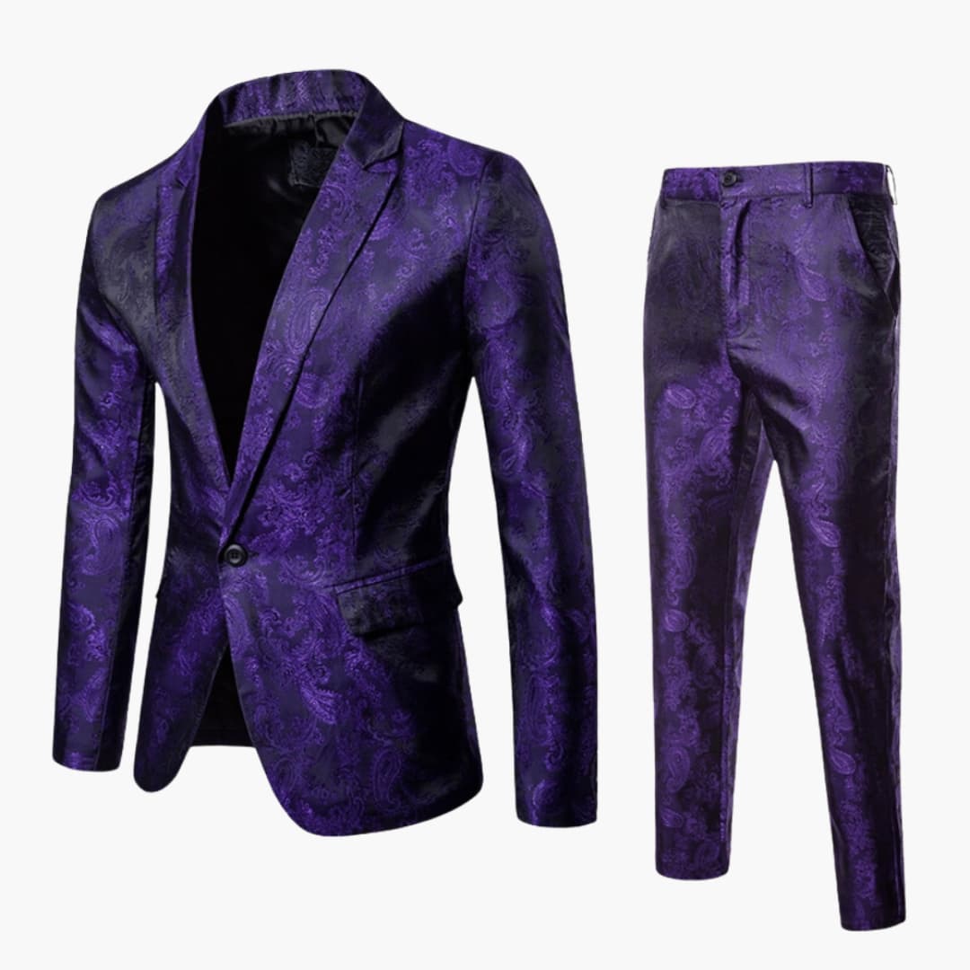 Purple jacquard formal suit with jacket and trousers displayed flat