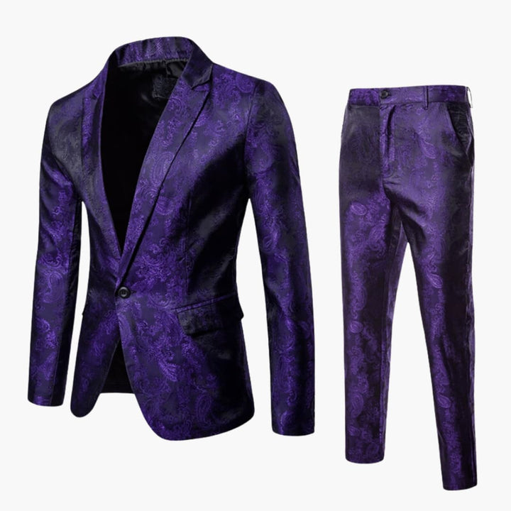 Purple jacquard formal suit with jacket and trousers displayed flat