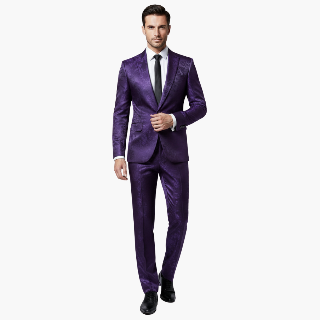 Purple jacquard formal suit man in front view