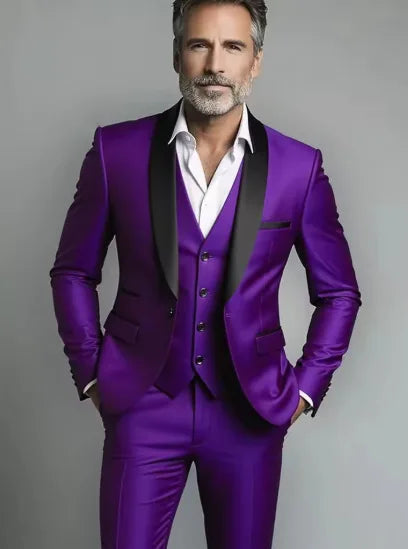 Purple three piece formal suit with black shawl collar vest tailored fit
