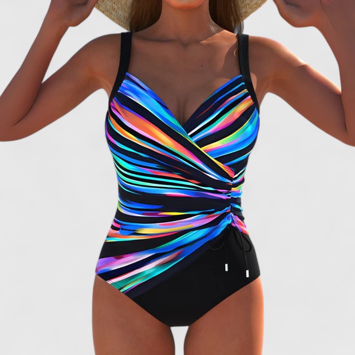 Colorful rainbow striped wrap bodice one-piece swimsuit with black bottom