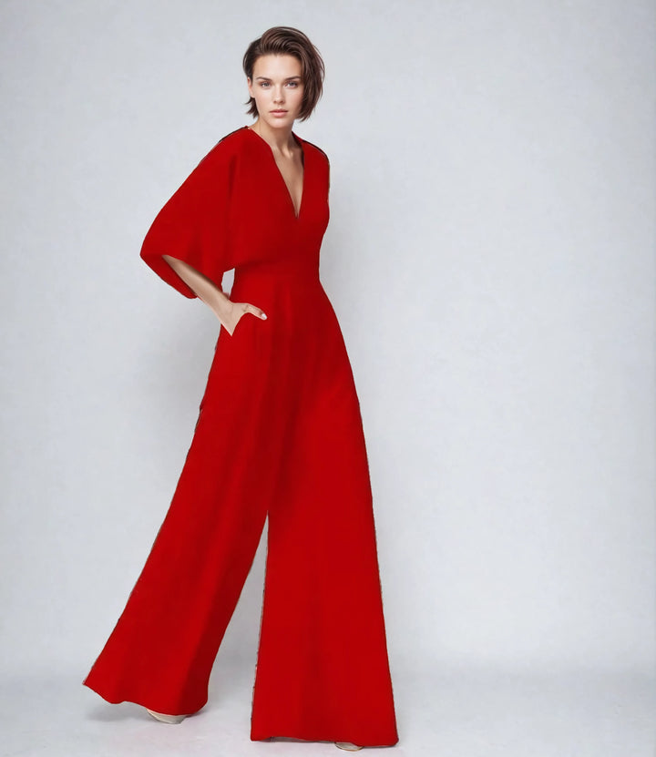 Women red V neck butterfly sleeve wide leg jumpsuit with cinched waist and pockets