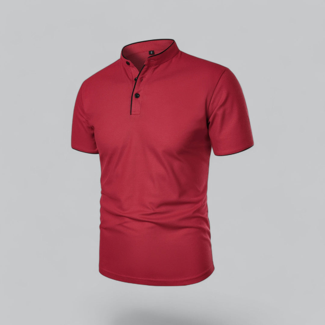 Red short sleeve collarless polo shirt angled front view