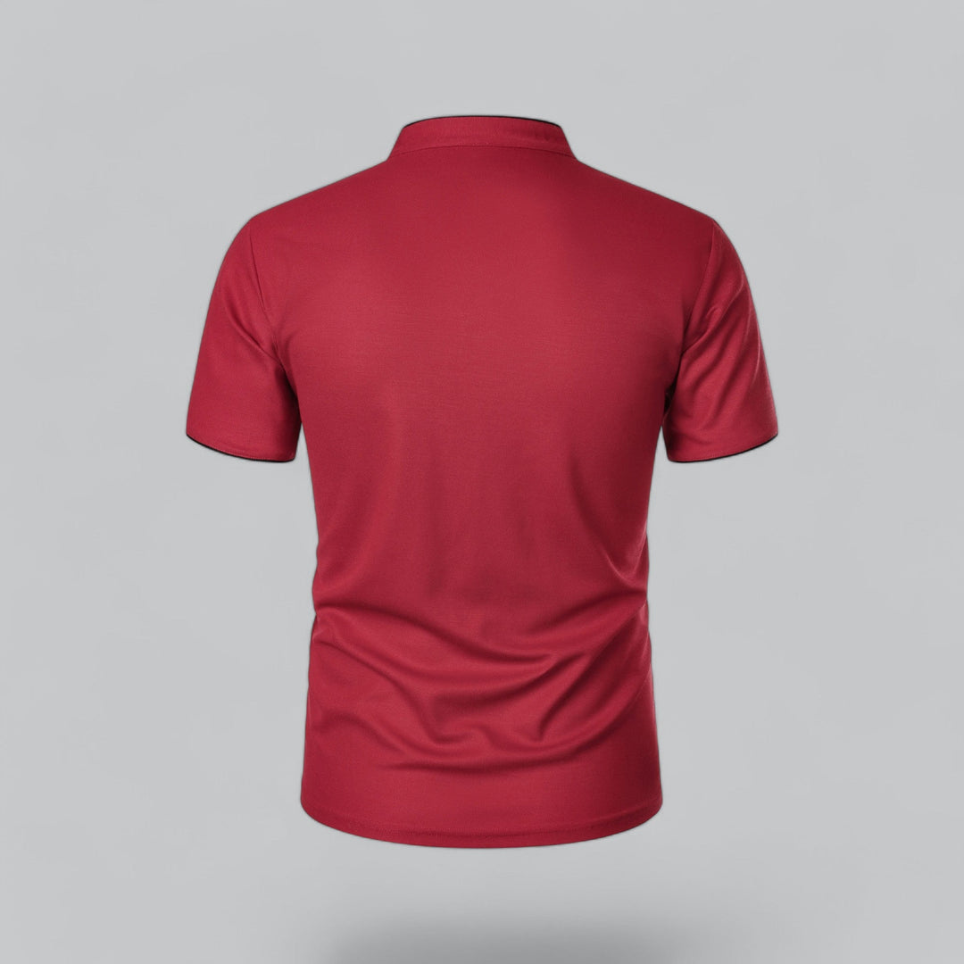 Red collarless polo shirt back view with contrast trim