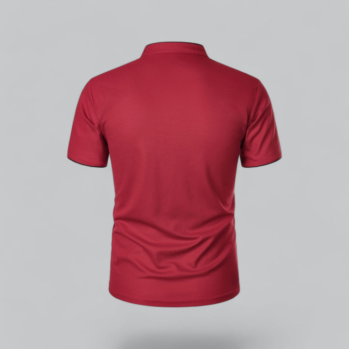 Red collarless polo shirt back view with contrast trim