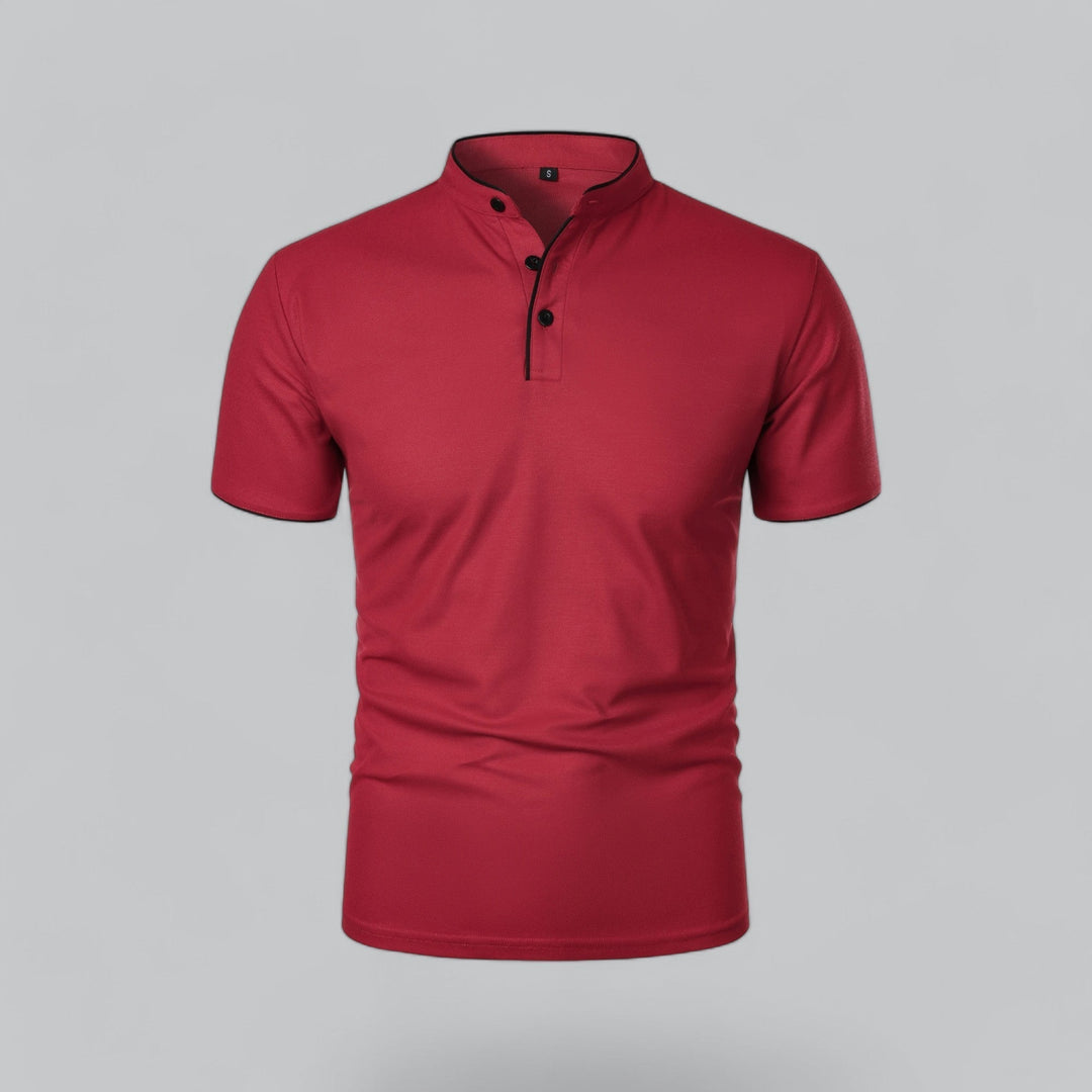 Red short sleeve collarless polo with button front detail