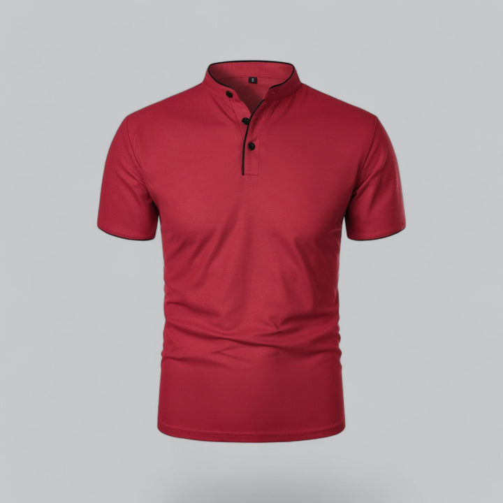 Red short sleeve collarless polo with button front detail