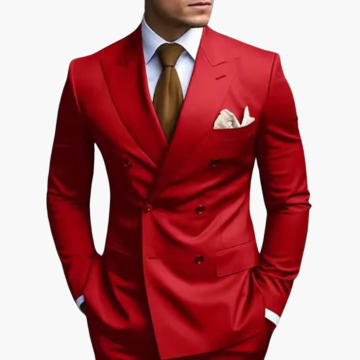 Red double-breasted formal suit with peak lapel and pocket square