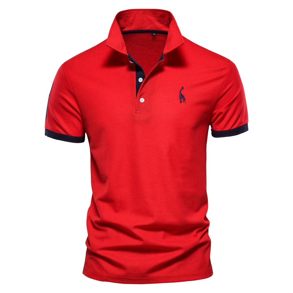 Red short-sleeved polo shirt with navy blue collar and sleeve cuff bands