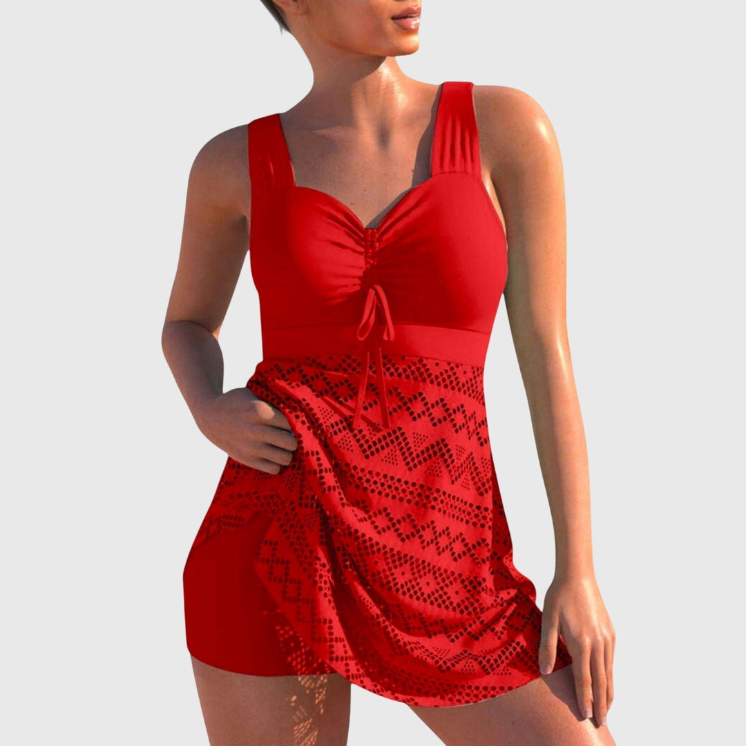 Red sweetheart neckline swim set with geometric lace skirt front